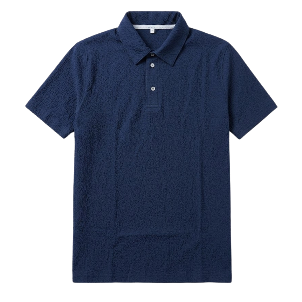 Navy Blue Textured Seersucker Knit Polo Shirt For Unisex